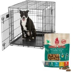 MidWest||Plato MidWest LifeStages Double Door Collapsible Wire Crate + Plato Small Bites Duck Grain-Free Dog Treats, 6-oz bag